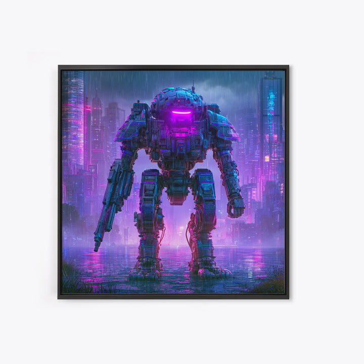 Mech Silhouette in Rainy Neon City Canvas Print, Scifi Art, Retro Wall Art, Living Room Decor, Oil Painting, Orbit, Fantasy Art, SCI-1x1-15