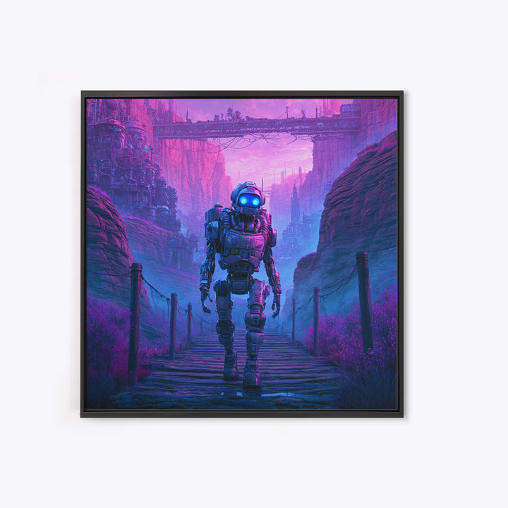 Robot Companion Crossing a Red Canyon Framed Canvas Print, Scifi Art, Decor, Living Room Decor, Orbit, Mid Century Art, SCI-1x1-28