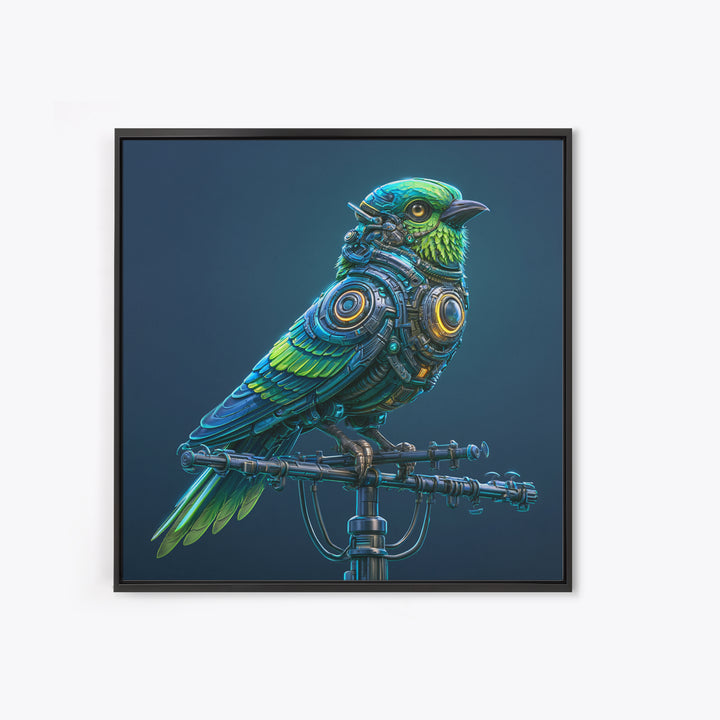 Robot Bird Perched on Antenna Framed Canvas Print, Scifi Art, Modern Art, Living Room Decor, Orbit, Retro Futurism Art, SCI-1x1-47
