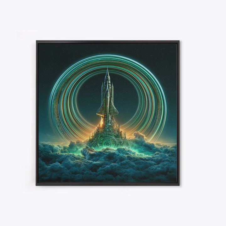 Retro Rocket Launching Through Cloud Rings Framed Canvas Print, Scifi Art, Boho Decor, Living Room Decor, Oil Painting, Orbit, SCI-1x1-79