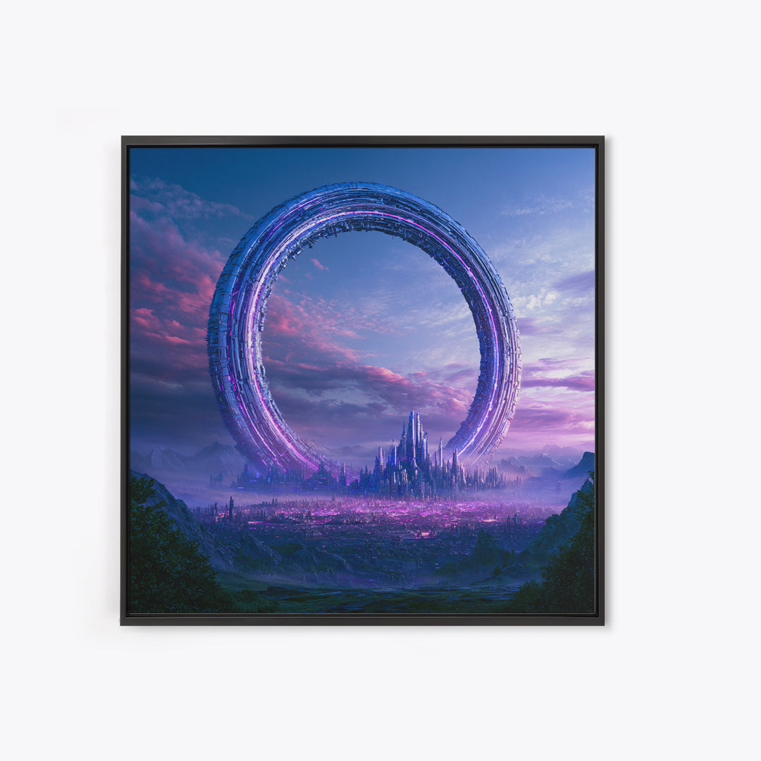 Giant Ring World Seen from a Valley Framed Canvas Print, Scifi Art, Fine Art Print, Living Room Decor, Fine Art, Orbit, SCI-1x1-80