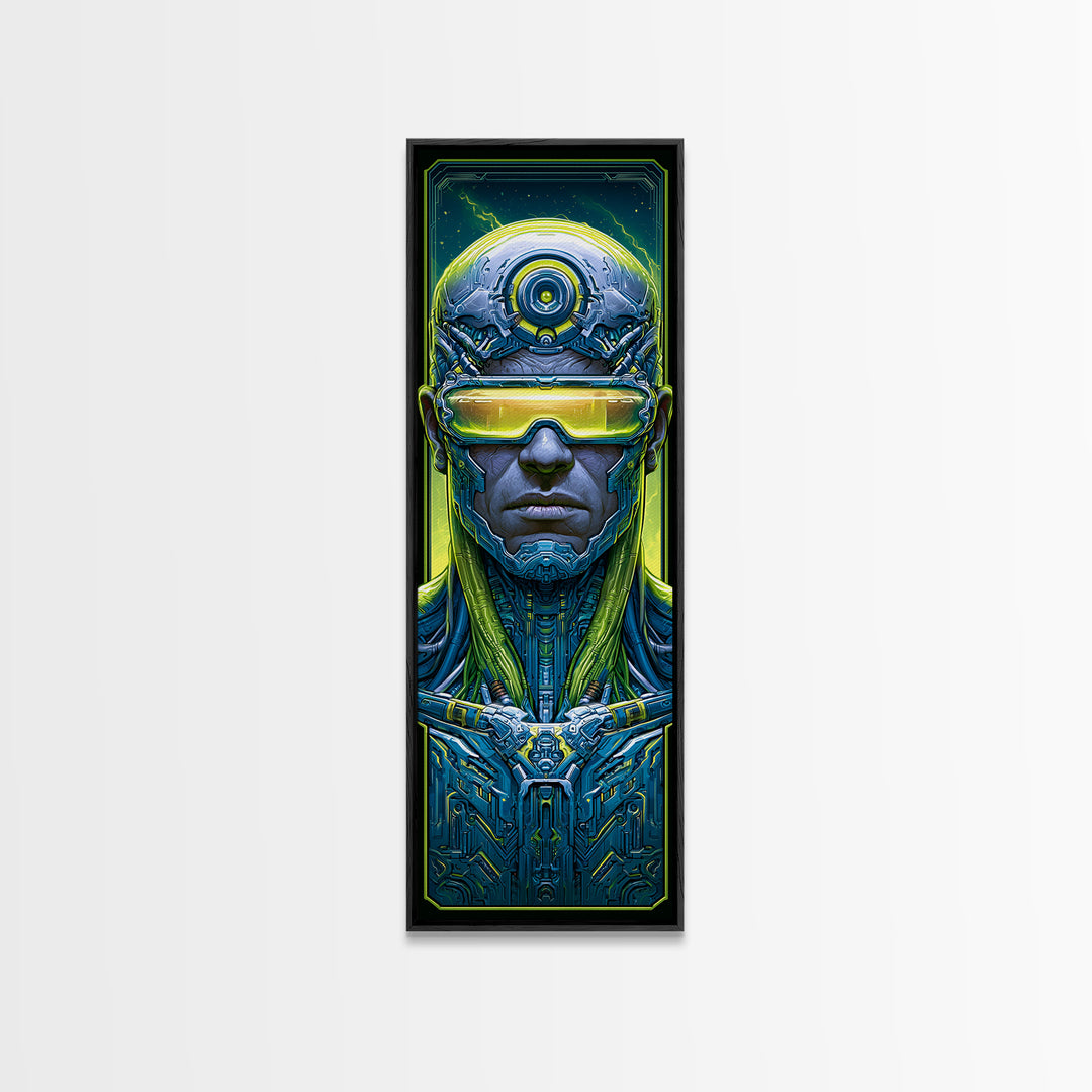 Cyborg Portrait with Reflective Visor Framed Canvas Print, Scifi Art, Wall Art, Living Room Decor, Oil Painting, Orbit, SCI-1x3-45