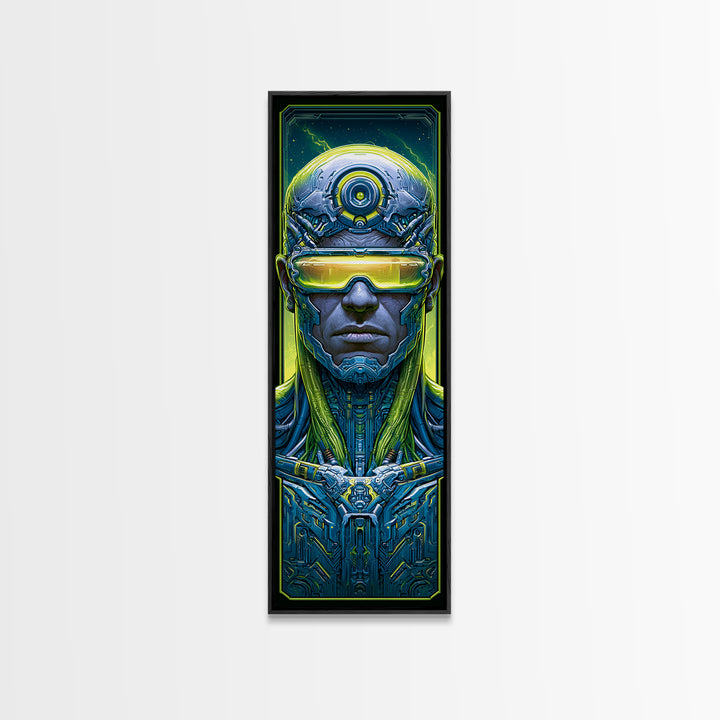 Cyborg Portrait with Reflective Visor Framed Canvas Print, Scifi Art, Wall Art, Living Room Decor, Oil Painting, Orbit, SCI-1x3-45