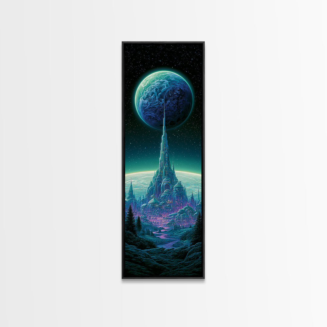 Moon Colony Beneath Earth Rise Framed Canvas Print, Scifi Art, Retro Futurism Art, Living Room Decor, Oil Painting, Orbit, SCI-1x3-54