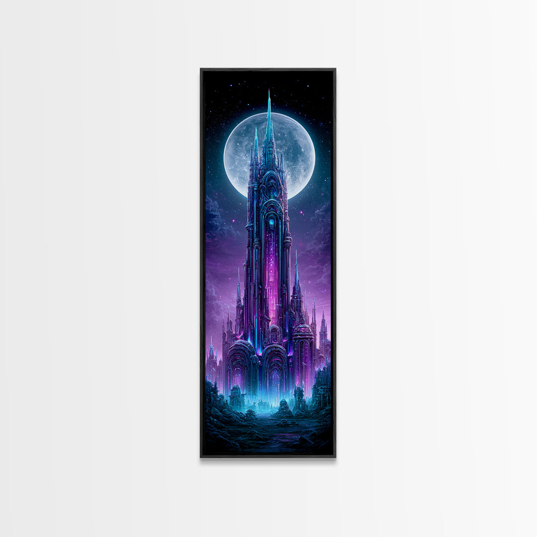 Futuristic City on a Moonlit World Framed Canvas Print, Scifi Art, Statement Artwork, Living Room Decor, Fine Art, Orbit, SCI-1x3-87