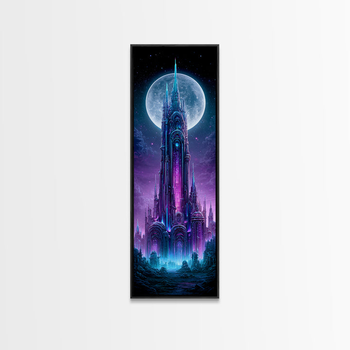 Futuristic City on a Moonlit World Framed Canvas Print, Scifi Art, Statement Artwork, Living Room Decor, Fine Art, Orbit, SCI-1x3-87