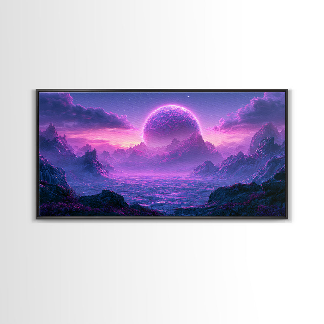 Planetary Sunrise over Ice Cliffs Framed Canvas Print, Scifi Art, Art Print, Living Room Decor, Fine Art, Orbit, Digital Art, SCI-2x1-18