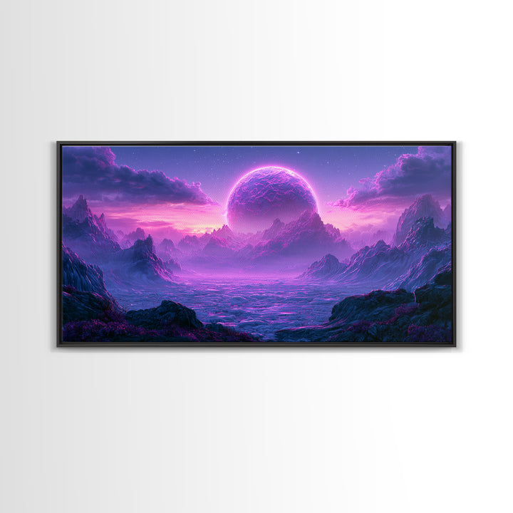 Planetary Sunrise over Ice Cliffs Framed Canvas Print, Scifi Art, Art Print, Living Room Decor, Fine Art, Orbit, Digital Art, SCI-2x1-18