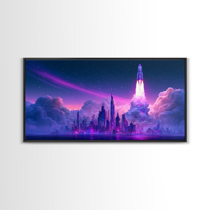 Retro Rocket Launching Through Cloud Rings Framed Canvas Print, Scifi Art, Boho Decor, Living Room Decor, Oil Painting, Orbit, SCI-2x1-27