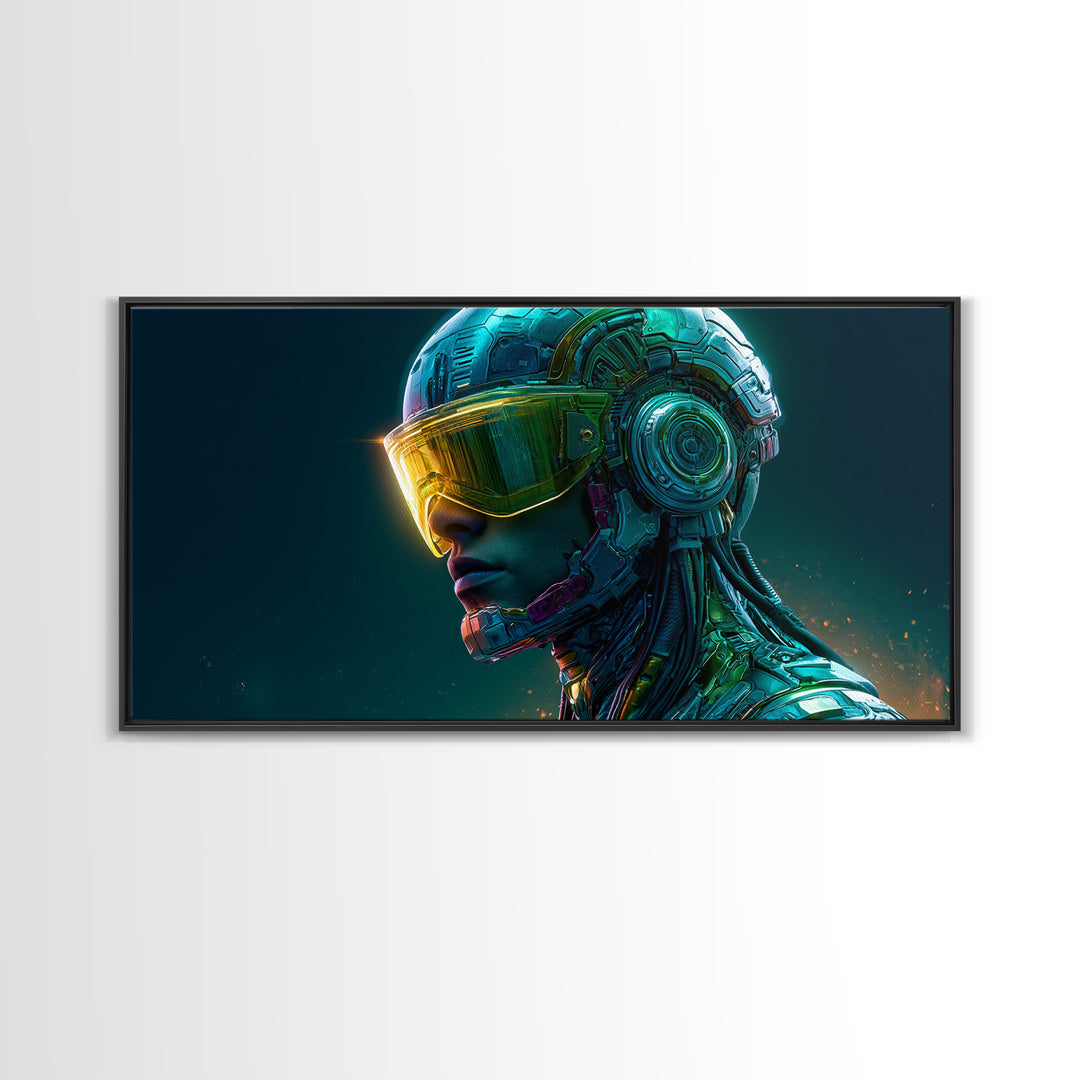 Cyborg Portrait with Reflective Visor Framed Canvas Print, Scifi Art, Original Art, Living Room Decor, Fine Art, Orbit, SCI-2x1-29