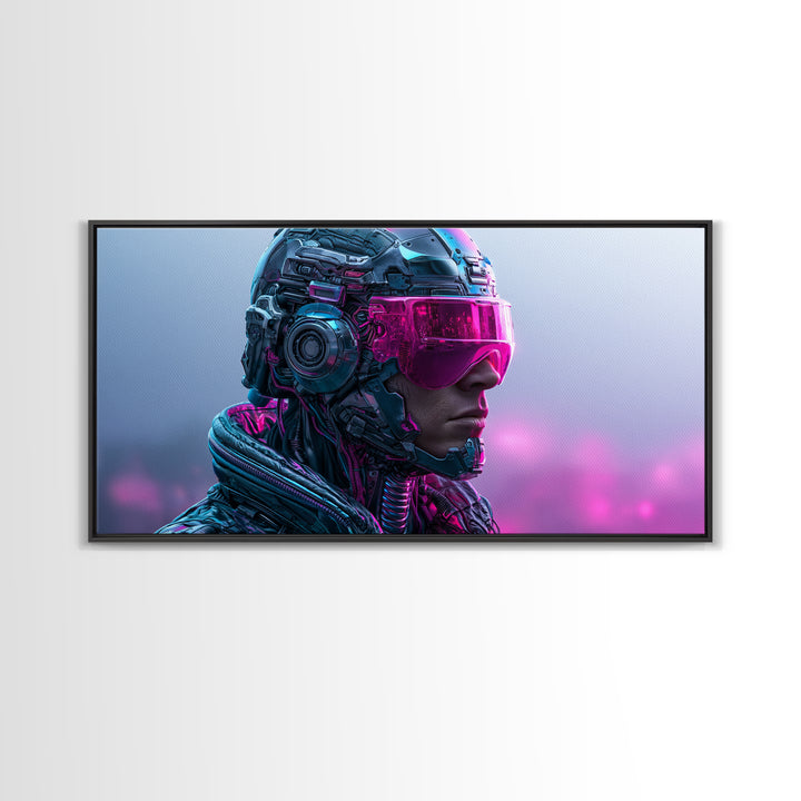 Cyborg Portrait with Reflective Visor Framed Canvas Print, Scifi Art, Original Art, Living Room Decor, Fine Art, Orbit, SCI-2x1-5