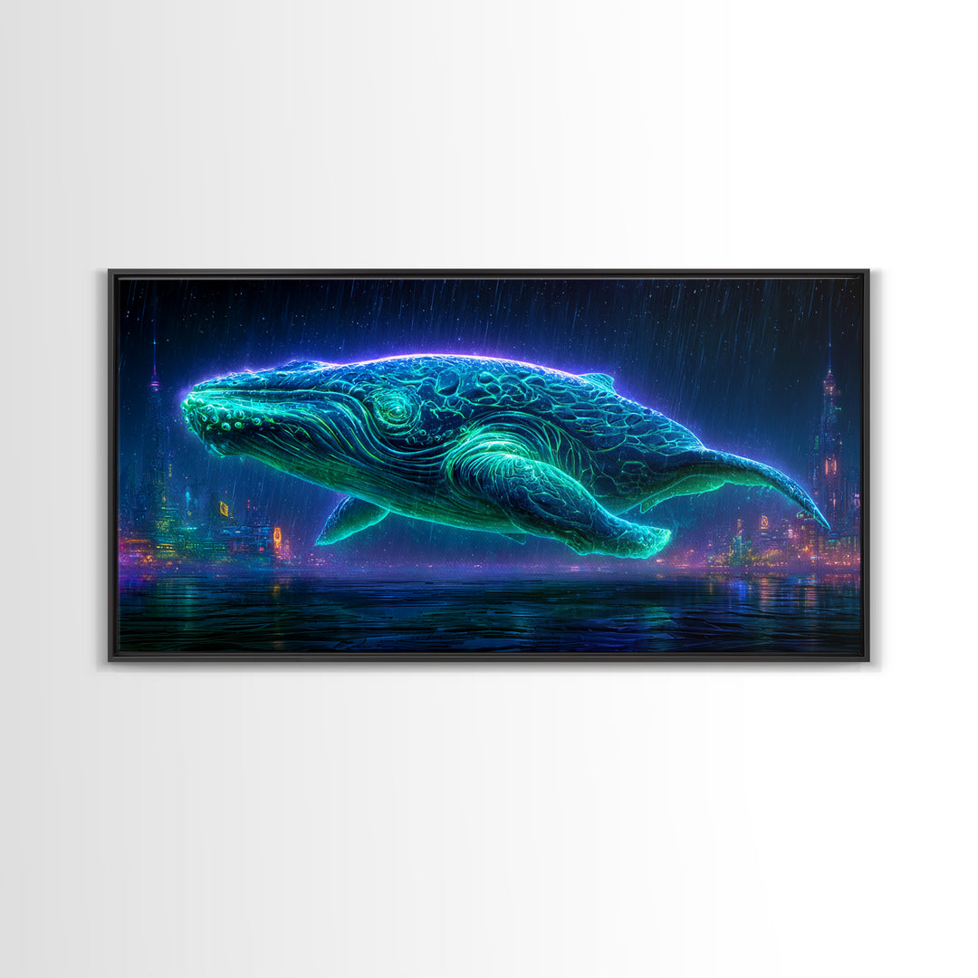 Cosmic Whale Swimming Through Deep Space Framed Canvas Print, Scifi Art, Decor, Living Room Decor, Oil Painting, Orbit, SCI-2x1-60