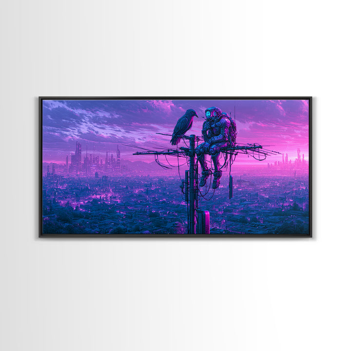 Robot Bird Perched on Antenna Framed Canvas Print, Scifi Art, Gallery Decor, Living Room Decor, Fine Art, Orbit, Wall Art, SCI-2x1-67