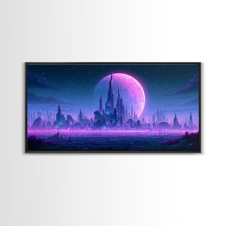 Futuristic City on a Moonlit World Canvas Print, Scifi Art, Weird Art, Living Room Decor, Abstract Art, Orbit, Art Print, SCI-2x1-71