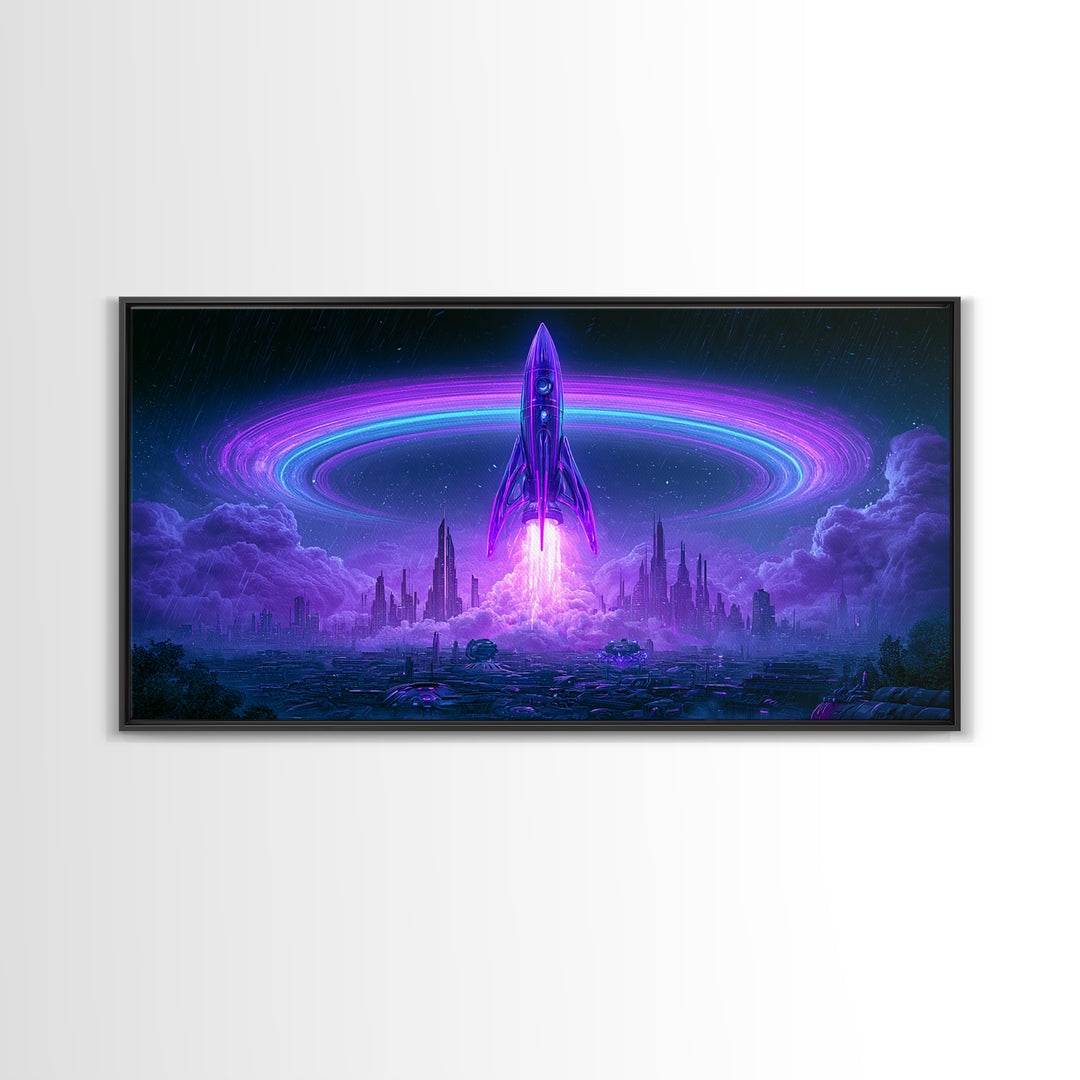 Retro Rocket Launching Through Cloud Rings Framed Canvas Print, Scifi Art, Art Print, Living Room Decor, Fine Art, Orbit, SCI-2x1-75
