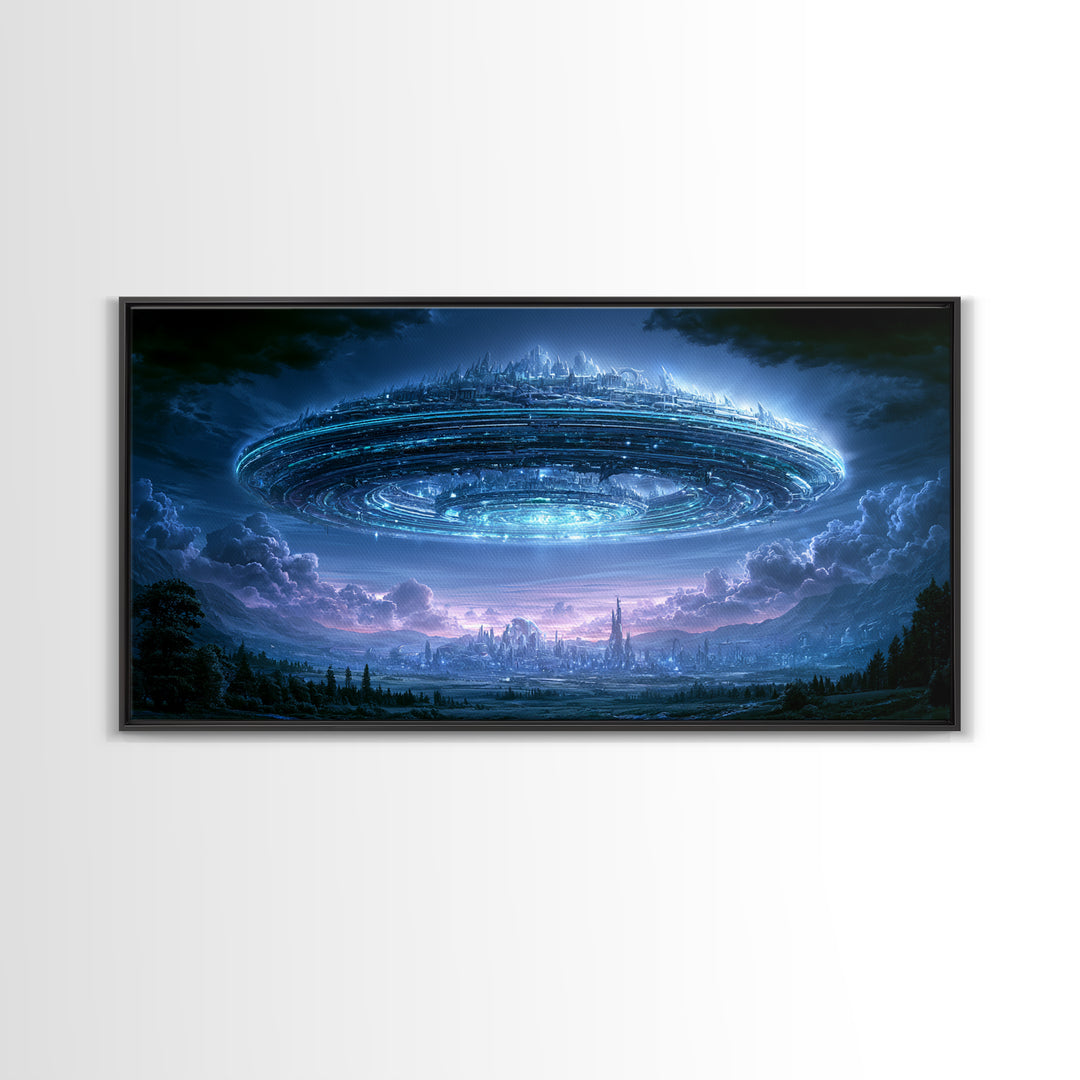 Giant Ring World Seen from a Valley Canvas Print, Scifi Art, Modern Art, Living Room Decor, Fine Art, Orbit, Retro Futurism Art, SCI-2x1-76