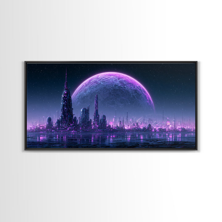 Moon Colony Beneath Earth Rise Framed Canvas Print, Scifi Art, Posters, Living Room Decor, Orbit, Pop Art, Mid Century Art, SCI-2x1-86
