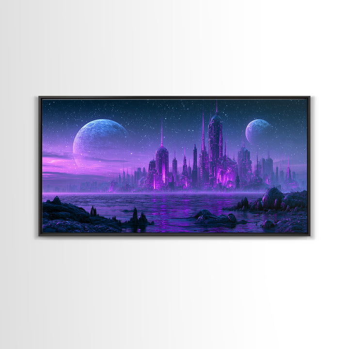 Alien Ocean with Two Moons Framed Canvas Print, Scifi Art, Art, Living Room Decor, Fine Art, Orbit, Modern Art, Living Room Art, SCI-2x1-9
