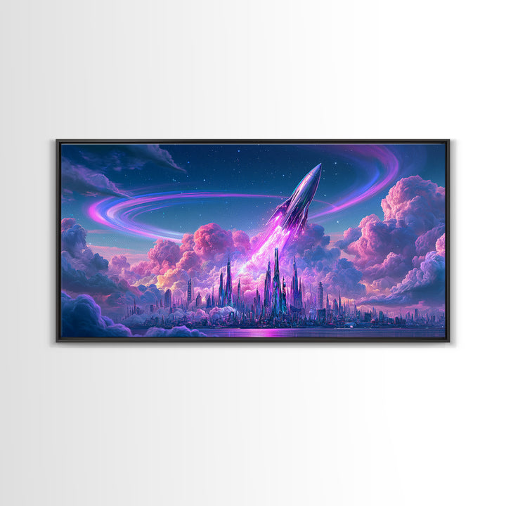 Retro Rocket Launching Through Cloud Rings Framed Canvas Print, Scifi Art, Pop Art, Living Room Decor, Fine Art, Orbit, SCI-2x1-99