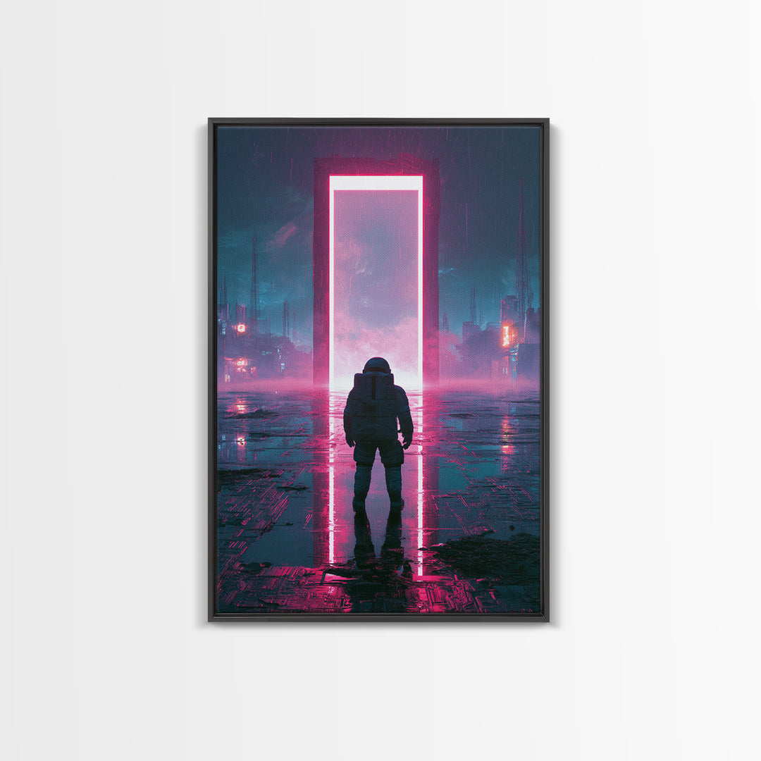 Astronaut Standing Before a Glowing Monolith Canvas Print, Scifi Art, Minimalist Decor, Living Room Decor, Fine Art, Orbit, SCI-2x3-10