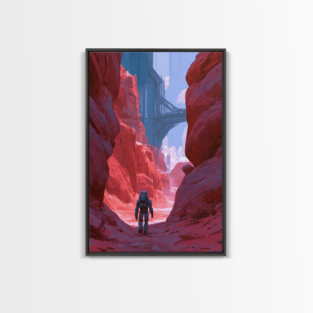 Robot Companion Crossing a Red Canyon Framed Canvas Print, Scifi Art, Decor, Living Room Decor, Orbit, Mid Century Art, SCI-2x3-12