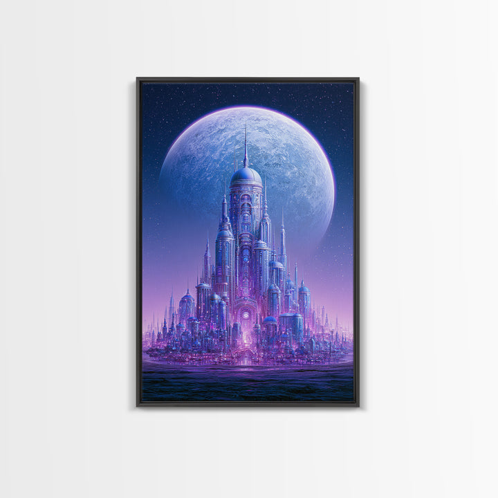 Moon Colony Beneath Earth Rise Framed Canvas Print, Scifi Art, Textured Painting, Living Room Decor, Abstract Art, Orbit, SCI-2x3-2