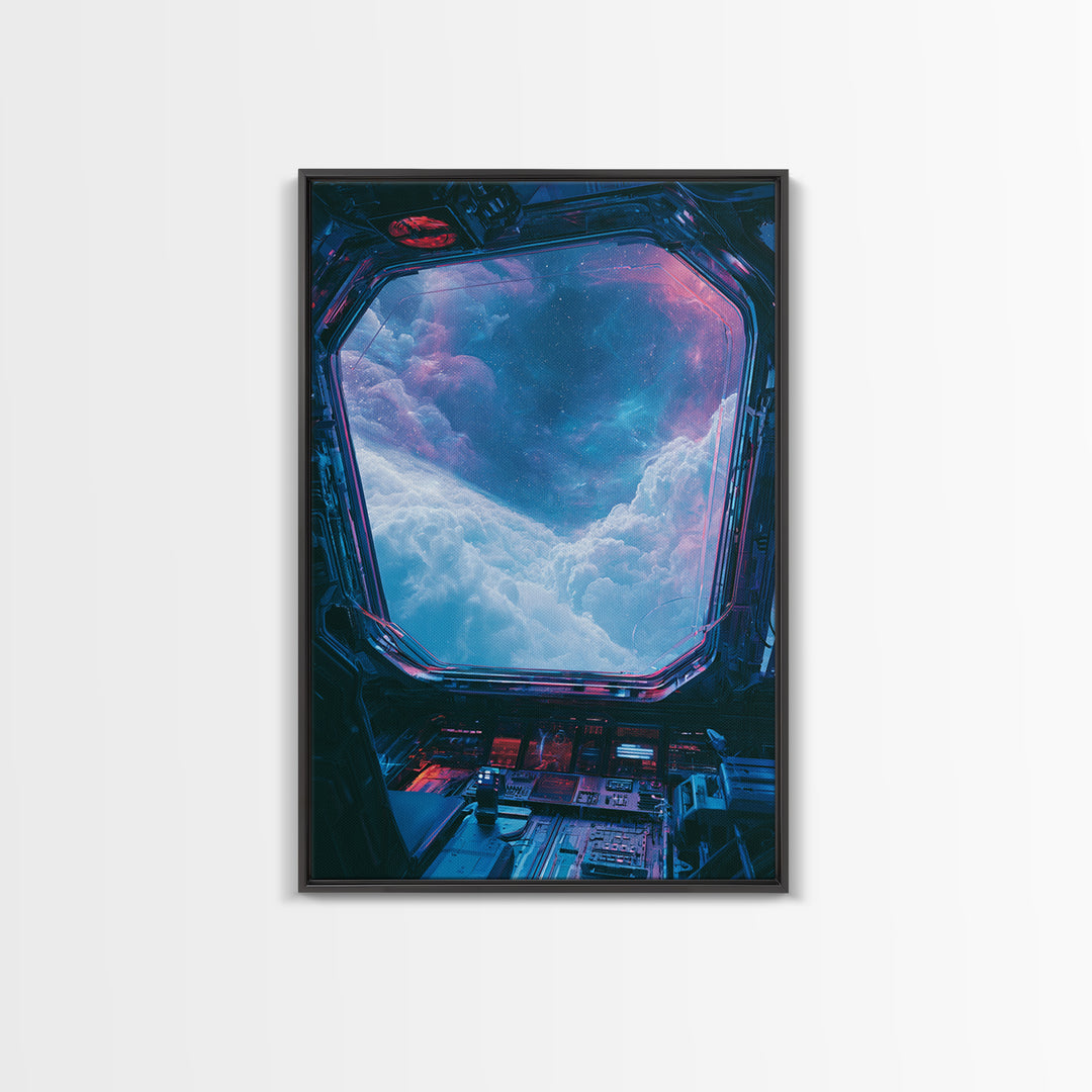 Starship Cockpit View of Nebula Clouds Framed Canvas Print, Scifi Art, Abstract Art, Living Room Decor, Fine Art, Orbit, SCI-2x3-43