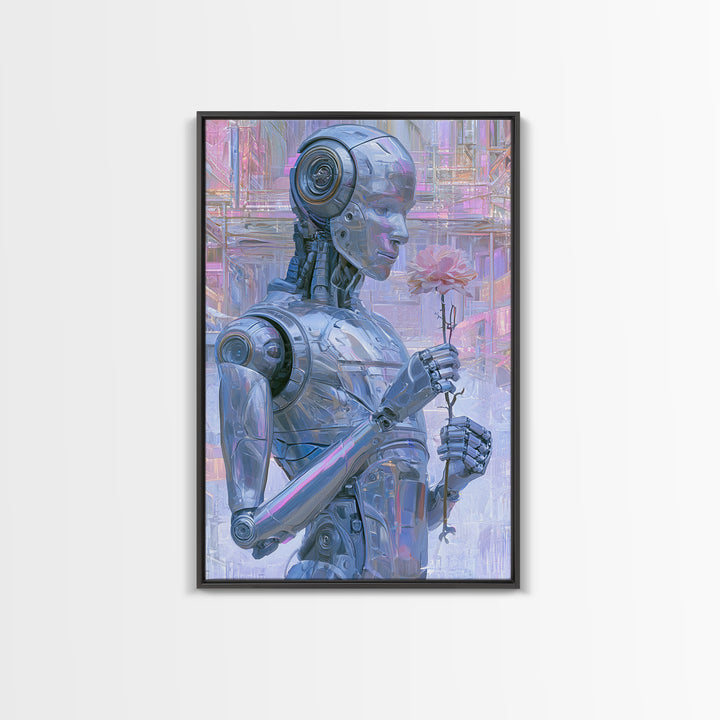 Silver Android Holding a Flower Framed Canvas Print, Scifi Art, Poster, Living Room Decor, Fine Art, Orbit, Retro Wall Art, SCI-2x3-46