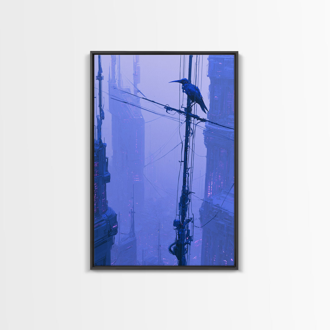 Robot Bird Perched on Antenna Framed Canvas Print, Scifi Art, Digital Art, Living Room Decor, Fine Art, Orbit, Steampunk Decor, SCI-2x3-55