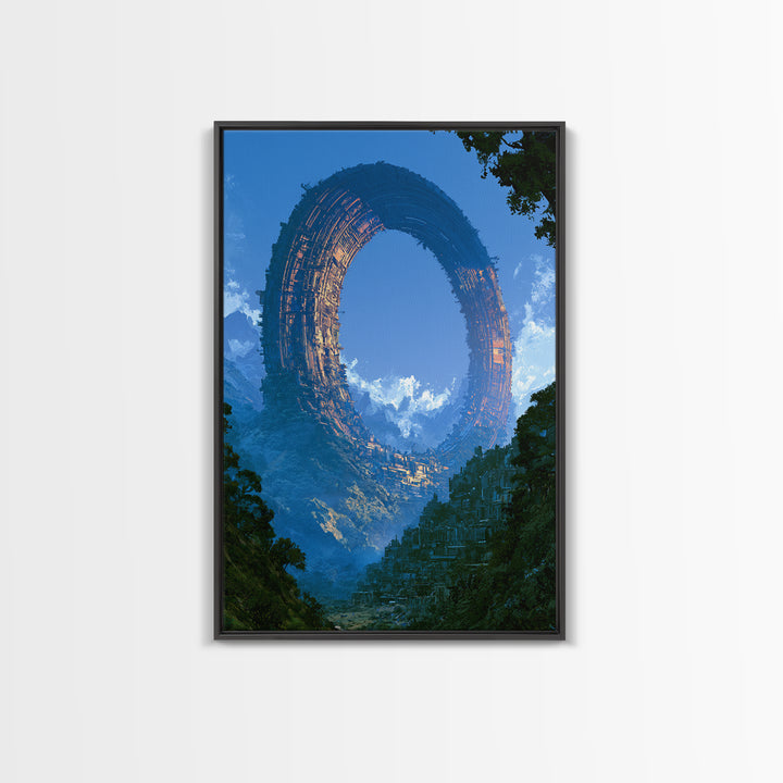 Giant Ring World Seen from a Valley Framed Canvas Print, Scifi Art, Wall Decor, Living Room Decor, Orbit, Living Room Art, SCI-2x3-64