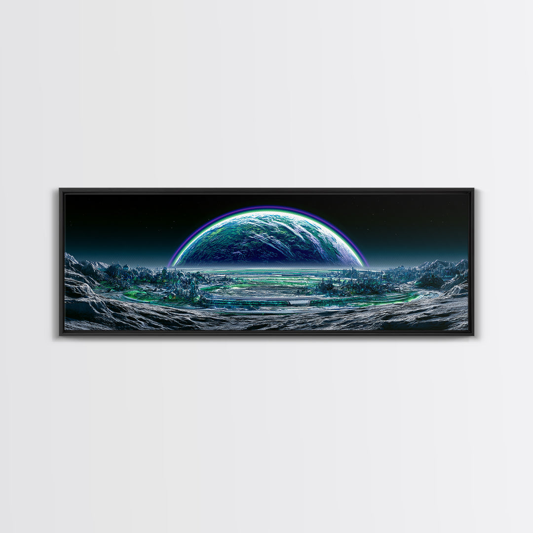 Moon Colony Beneath Earth Rise Framed Canvas Print, Scifi Art, Posters, Living Room Decor, Orbit, Pop Art, Mid Century Art, SCI-3x1-10