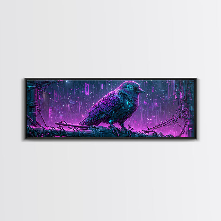 Robot Bird Perched on Antenna Framed Canvas Print, Scifi Art, Gallery Decor, Living Room Decor, Fine Art, Orbit, Wall Art, SCI-3x1-15