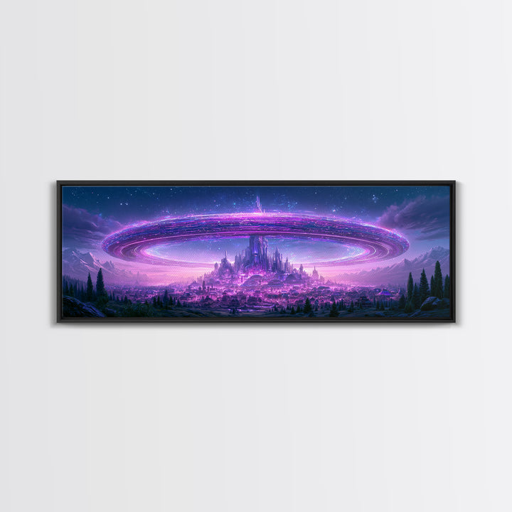 Giant Ring World Seen from a Valley Canvas Print, Scifi Art, Game Room Decor, Living Room Decor, Fine Art, Orbit, SCI-3x1-24