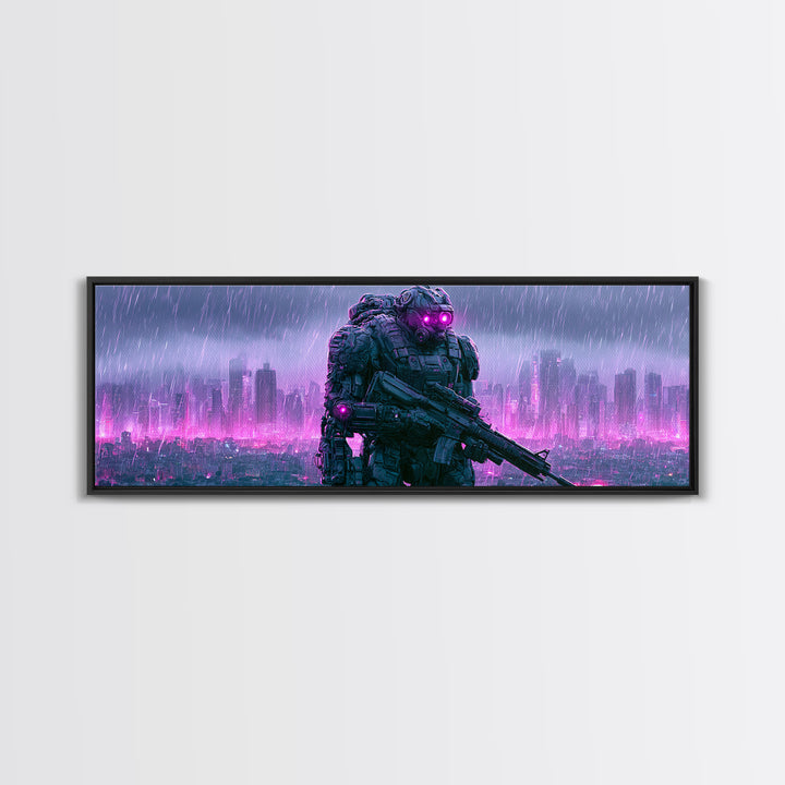 Mech Silhouette in Rainy Neon City Canvas Print, Scifi Art, Textured Painting, Living Room Decor, Abstract Art, Orbit, SCI-3x1-31