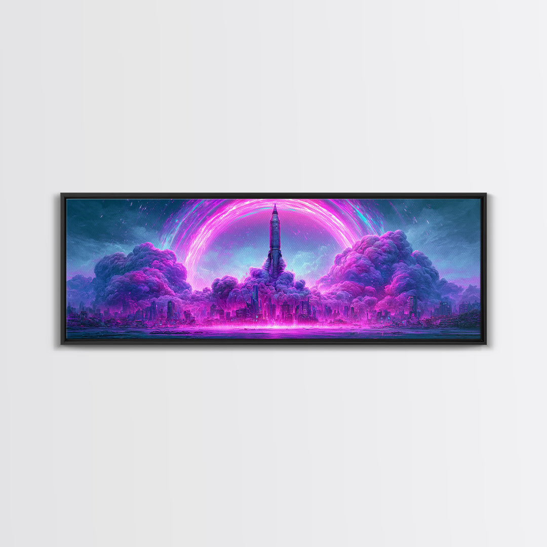 Retro Rocket Launching Through Cloud Rings Framed Canvas Print, Scifi Art, Decor, Living Room Decor, Oil Painting, Orbit, SCI-3x1-47