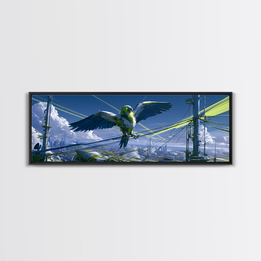 Robot Bird Perched on Antenna Framed Canvas Print, Scifi Art, Minimalist Decor, Living Room Decor, Fine Art, Orbit, Ai Art, SCI-3x1-63
