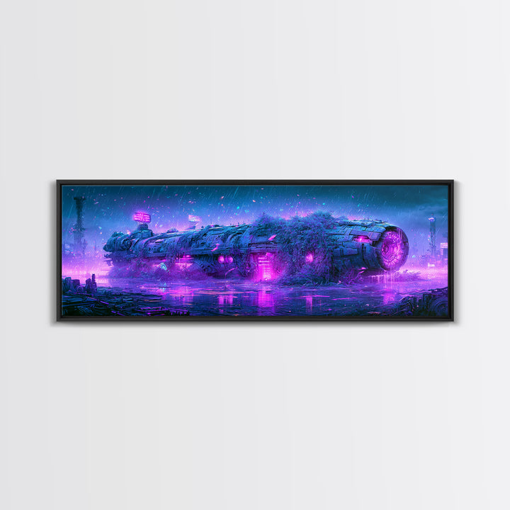 Abandoned Spacecraft Overgrown Framed Canvas Print, Scifi Art, Collage Art, Living Room Decor, Oil Painting, Orbit, SCI-3x1-74