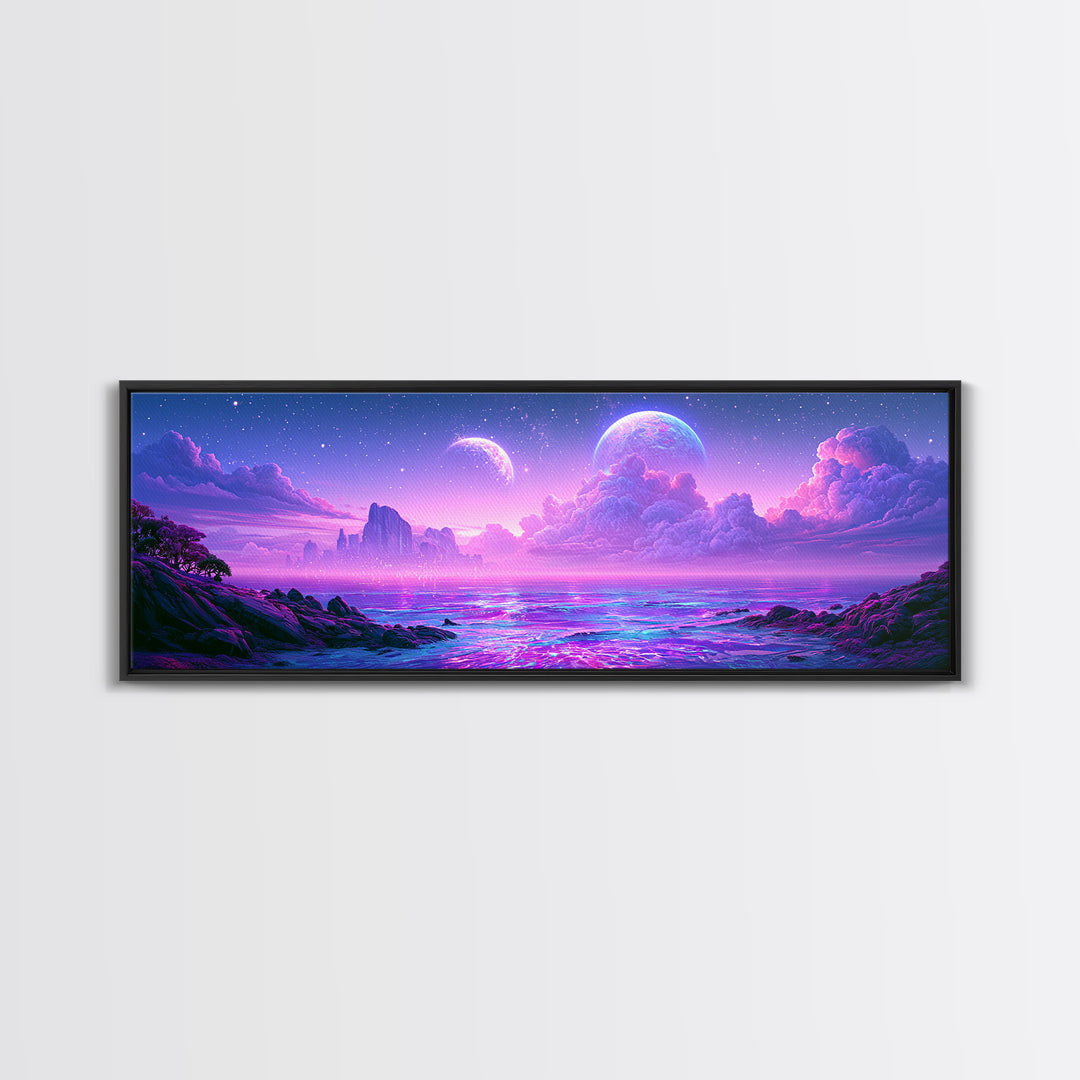 Alien Ocean with Two Moons Framed Canvas Print, Scifi Art, Fantasy Art, Living Room Decor, Oil Painting, Orbit, SCI-3x1-77