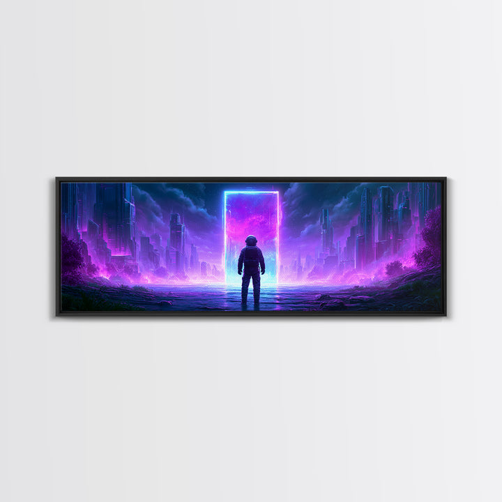 Astronaut Standing Before a Glowing Monolith Framed Canvas Print, Scifi Art, Space Art, Living Room Decor, Fine Art, Orbit, SCI-3x1-90