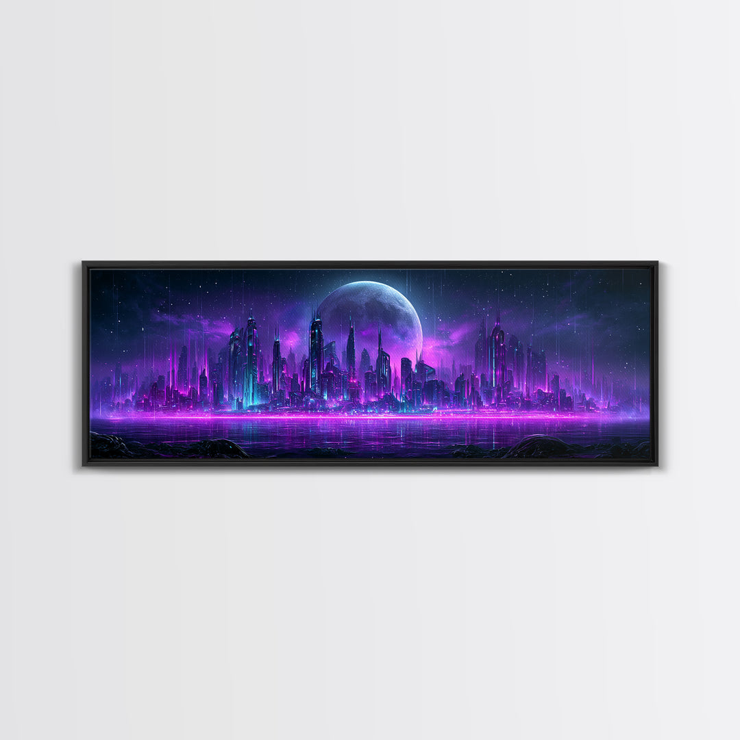 Futuristic City on a Moonlit World Canvas Print, Scifi Art, Posters, Living Room Decor, Orbit, Pop Art, Mid Century Art, SCI-3x1-91