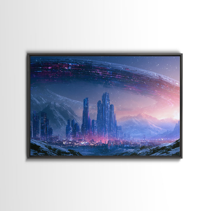 Giant Ring World Seen from a Valley Canvas Print, Scifi Art, Contemporary Art, Living Room Decor, Oil Painting, Orbit, SCI-3x2-12