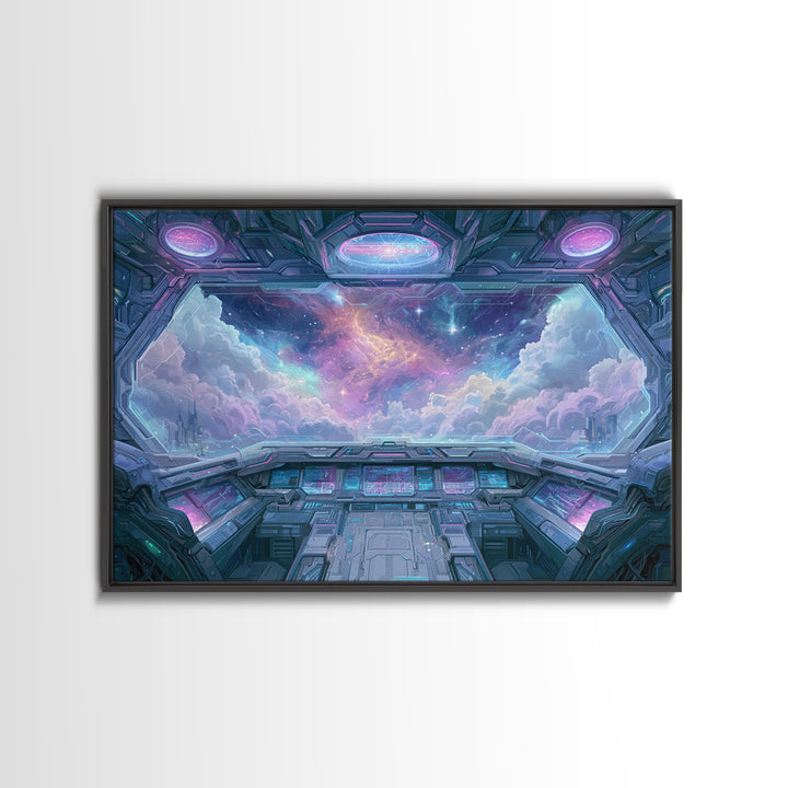 Starship Cockpit View of Nebula Clouds Framed Canvas Print, Scifi Art, Mid Century Art, Living Room Decor, Fine Art, Orbit, SCI-3x2-15