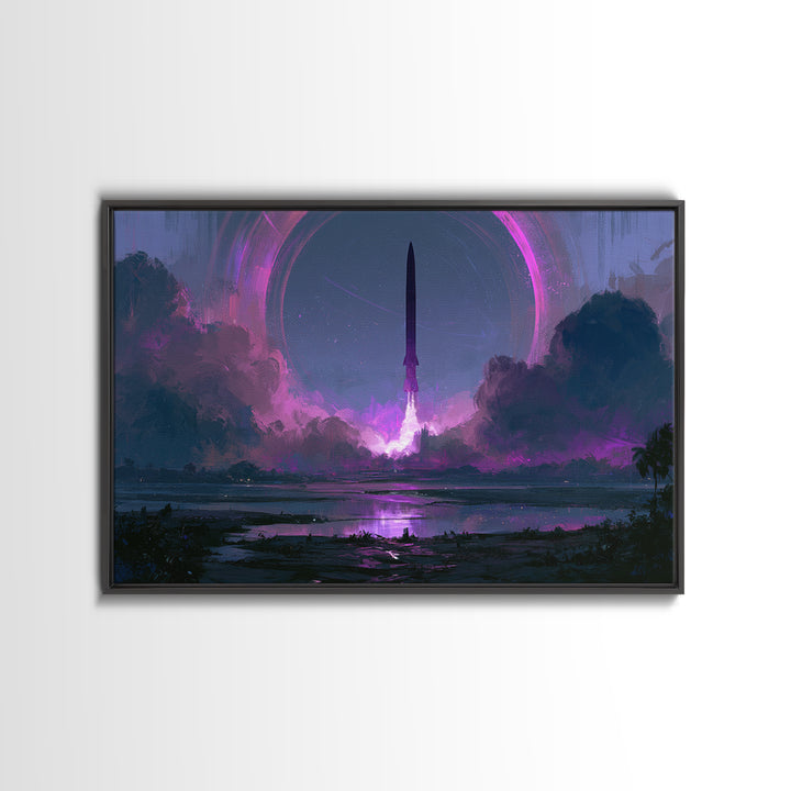 Retro Rocket Launching Through Cloud Rings Framed Canvas Print, Scifi Art, Art Print, Living Room Decor, Fine Art, Orbit, SCI-3x2-35