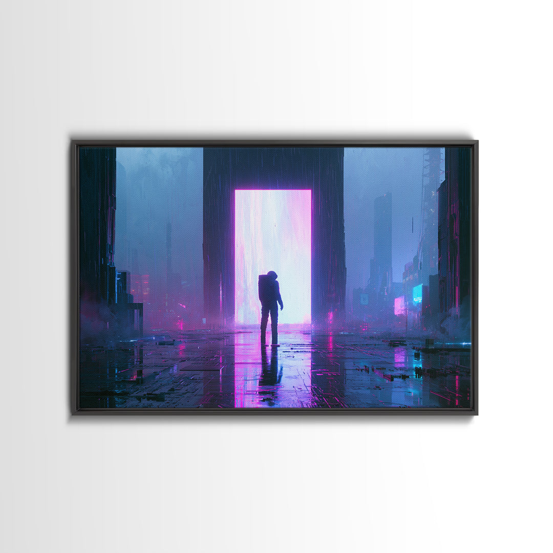 Astronaut Standing Before a Glowing Monolith Framed Canvas Print, Scifi Art, Modern Art, Living Room Decor, Fine Art, Orbit, SCI-3x2-6