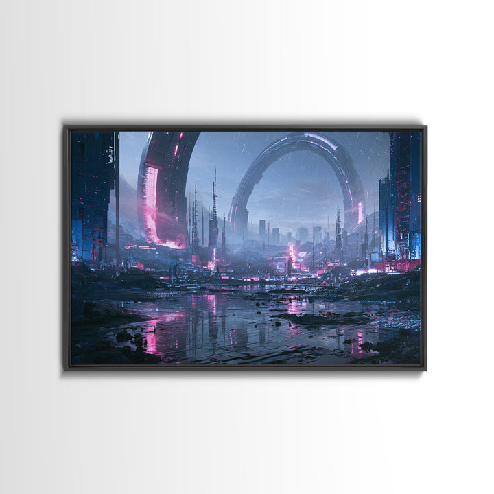 Giant Ring World Seen from a Valley Canvas Print, Scifi Art, Poster, Living Room Decor, Fine Art, Orbit, Retro Wall Art, SCI-3x2-84