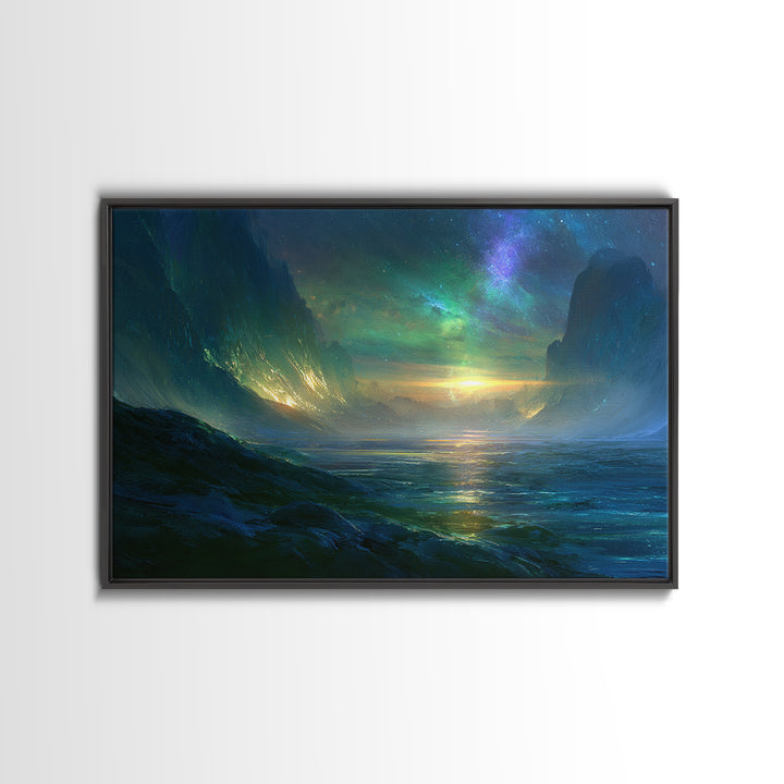 Planetary Sunrise over Ice Cliffs Canvas Print, Scifi Art, Fantasy Art, Living Room Decor, Fine Art, Orbit, Textured Painting, SCI-3x2-98