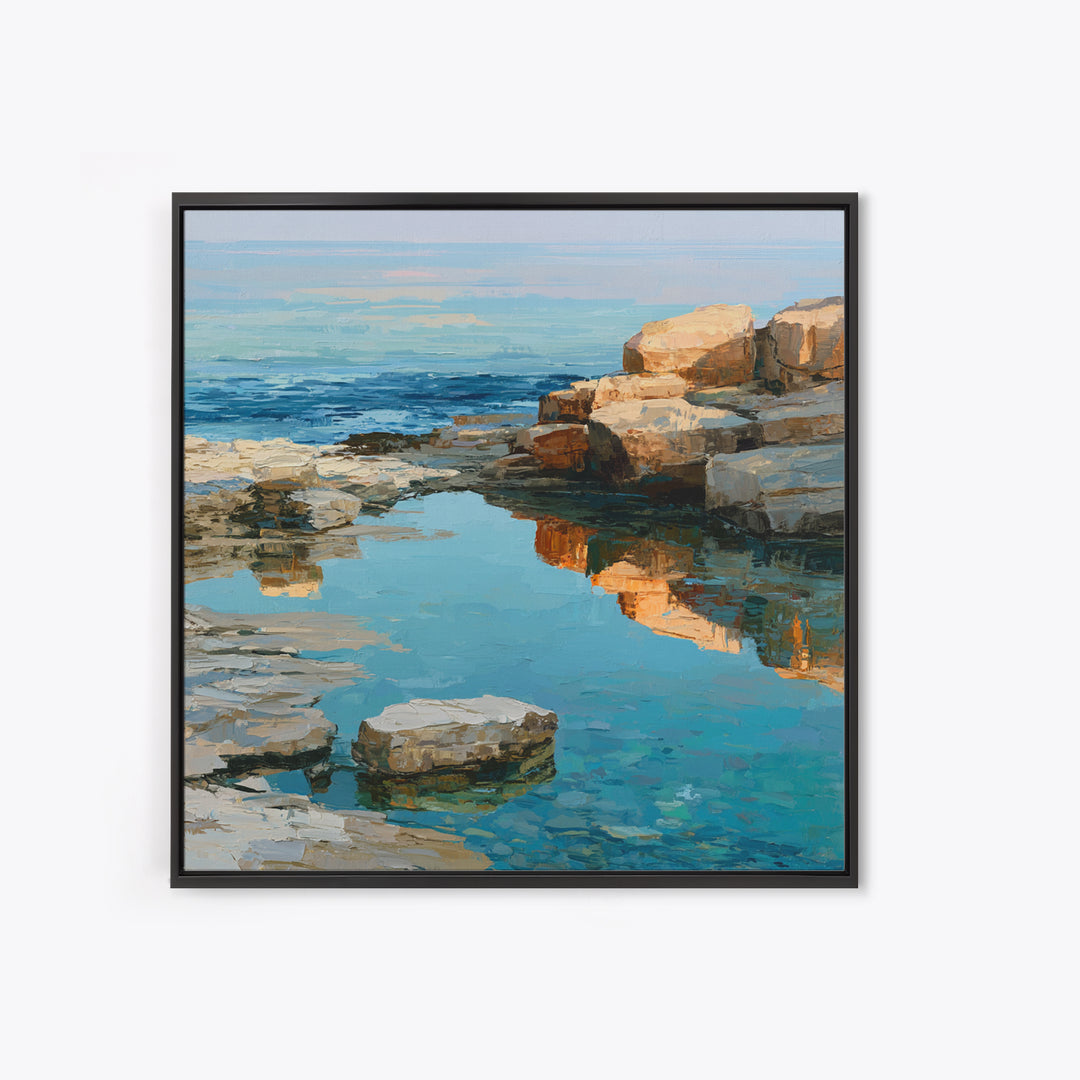 Rocky Tidepool with Reflections Framed Canvas Print, Seascape Art, Canvas Wall Art, Coastal Decor, Fine Art, Seascape, SEA-1x1-11
