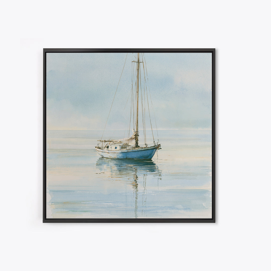 Quiet Sailboat on Glassy Water Framed Canvas Print, Seascape Art, Gallery Decor, Coastal Decor, Fine Art, Seascape, SEA-1x1-32