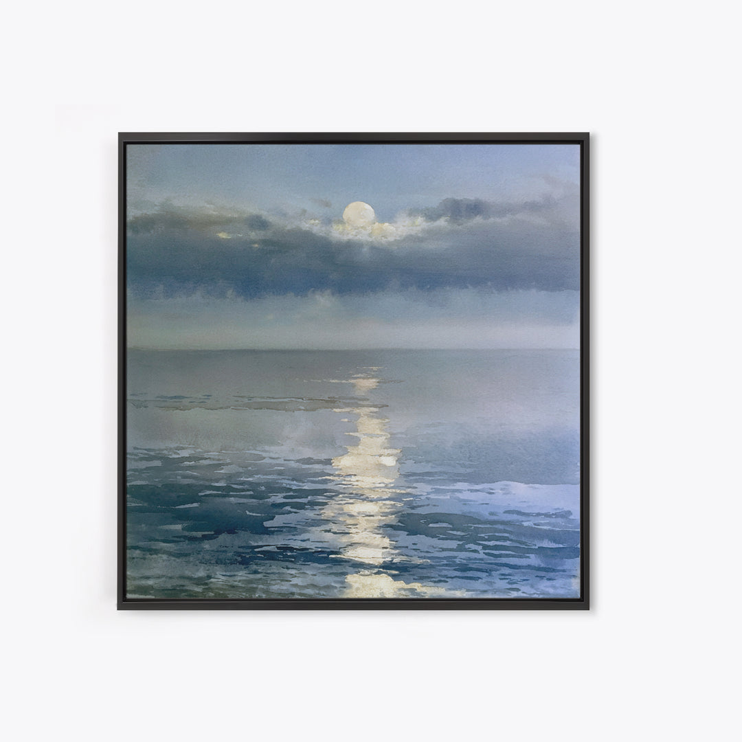 Moonlit Ocean with Silver Path of Light Framed Canvas Print, Seascape Art, Abstract Painting, Coastal Decor, Fine Art, Seascape, SEA-1x1-51