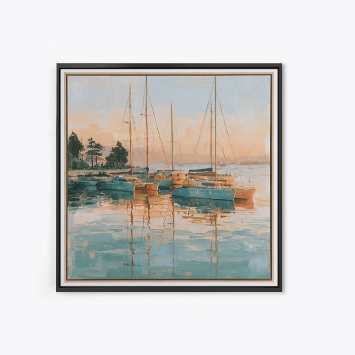 Mediterranean Harbor at Dawn Framed Canvas Print, Seascape Art, Living Room Wall Art, Coastal Decor, Fine Art, Seascape, SEA-1x1-70